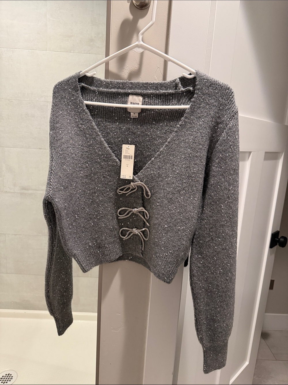 Maeve Gray Speckled Tie-Front V-Neck Sweater medium